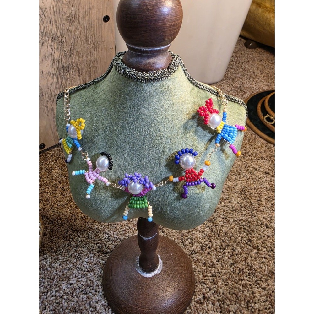 Multicolor Beaded Pearl Charm Necklace Cable Chain Asymmetrical Pendant